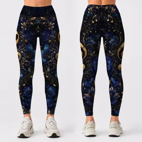 Gold Music Notes And Treble Clefs On Navy Florals For Evening Dance Music Lovers Leggings