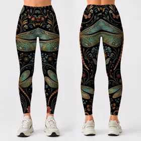 Nocturnal Dragonfly Garden With Teal Florals For Boho Festival Yoga And Night Out Leggings
