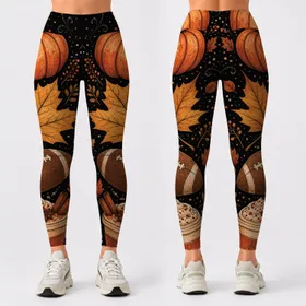 Rustic Pumpkin Football Maple Leaf Cocoa Trail For Halloween Fall Game Day Women Leggings