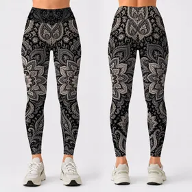 Boho Paisley Mandala Yoga Fitness Wear For Women In Black Ivory Ornamental Style Leggings