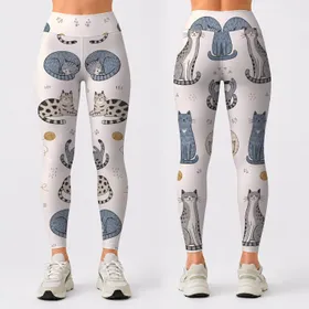 Whimsical Blue Gray Cat Motifs For Yoga, Lounging And Everyday Wear For Cat Lovers Leggings