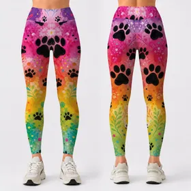 Rainbow Watercolor Black Paw Motifs For Yoga Workouts, Gym Days And Active Pet Lovers Leggings