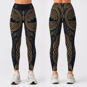 Celtic Tree Of Life Raven Feather Knotwork For Nordic Boho Festival And Yoga Wear Leggings