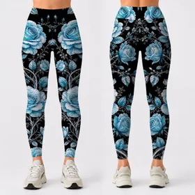 Black Turquoise Botanical Rose Vine Floral Aesthetic For Yoga Lounge Streetwear Style Leggings