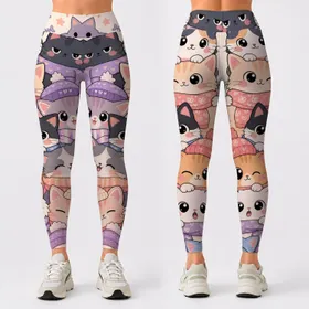 Cozy Kawaii Cat Faces Pastel Off White Cute Lounge Mood For Women Autumn Winter Nights Leggings