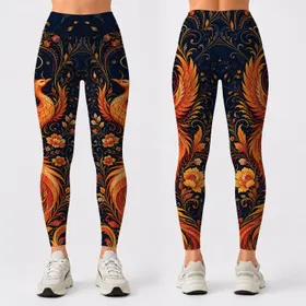 Midnight Phoenix Feather Plume With Botanical Scrolls For Yoga Studio Festival Style Leggings
