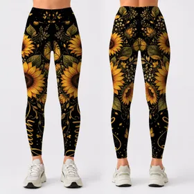 Golden Sunflower Faith Script With Butterflies For Church Outings And Daily Style Leggings