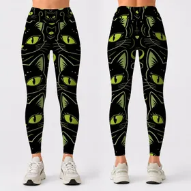 Neon Lime Cat Eyes And Black Cat Faces For Spooky Cute Yoga Gym Streetwear Women Leggings