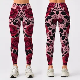 Bold Crimson Rose Floral On Blush Pink For Chic Casual Streetwear And Yoga Style Leggings