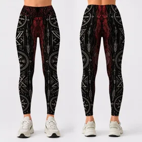 Dark Nordic Rune Sigils With Crimson Viking Motifs For Gothic Streetwear And Festivals Leggings