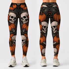 Spooky Pumpkin Skull Bat Halloween All Over Look For Autumn Parties And Gothic Style Leggings