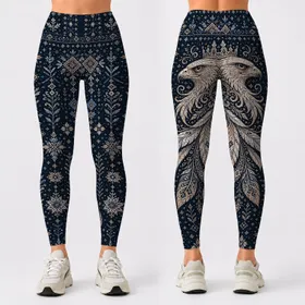Nordic Falcon Folk Art For Winter Festivals, Hiking Trips And Bohemian Style Lovers Leggings