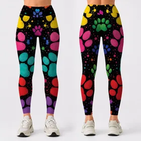 Colorful Paw Marks On Matte Black For Pet Lovers Casual Streetwear Plus Size Style Leggings