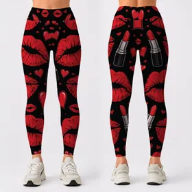 Black Red Lipstick Kisses And Hearts For Romantic Lounge Nights And Galentine Style Leggings