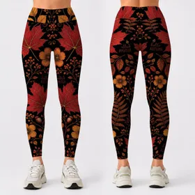 Vintage Autumn Botanical Maple Leaves And Wildflowers For Cozy Fall Outfits Women Leggings