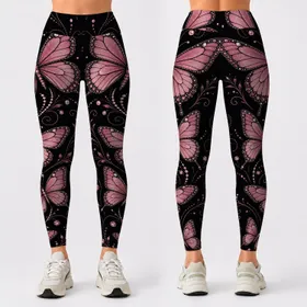 Black Pink Butterfly Cascade With Pearl Dots For Evening Glamour And Boutique Style Leggings