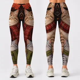 Cozy Autumn Tabby Cats With Plaid Scarves And Falling Leaves For Fall Outfits Women Leggings