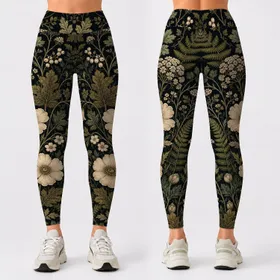 Dark Cottagecore Botanical Florals With Ferns For Woodland Romance And Vintage Style Leggings