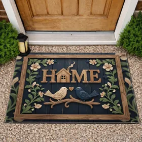Rustic Carved Wood HOME House Birds Floral - Farmhouse Home Decor Gift Doormat