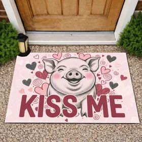 Charming Plump Baby Pig Rosy Cheeks Kiss Me Hearts Swirls - Valentine's Day Gift for Pig Lover Doormat