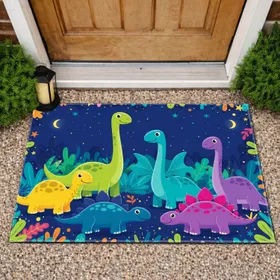 Six Friendly Cartoon Dinosaurs Jungle Foliage - Home Decor Gift for Dinosaur Lovers Doormat