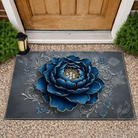 Azure Peony Camellia Crystal Gold Jewels Baroque Scrollwork - Home Decor Gift Doormat