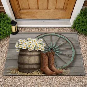 Daisies Barrel Cowboy Boots Wagon Wheel - Rustic Farmhouse Home Decor Gift Doormat