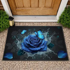 Vibrant Blue Rose Water Droplets Butterflies - Home Decor Gift for Nature Lover Doormat