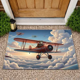 Adventurous Cat Pilot Biplane Flight Scene - Home Decor Gift for Aviation Enthusiasts Doormat