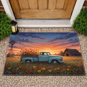 Vintage Pickup Truck Wildflowers Windmill Barn Scene - Farmhouse Home Decor Doormat