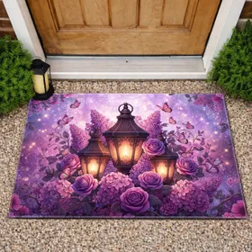 Antique Lanterns Roses Lilacs Hydrangeas Butterflies - Enchanted Garden Home Decor Doormat