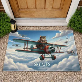 Majestic Tabby Cat Aviator Biplane Squadron - Vintage Pilot Home Decor Gift Doormat