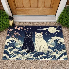Black White Cats Japanese Waves Sakura Moon - Home Decor Gift for Cat Lover Doormat