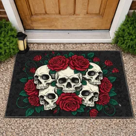 Bone Skulls Crimson Red Roses Dark Green Teal Foliage - Entryway Home Decor Gift Doormat
