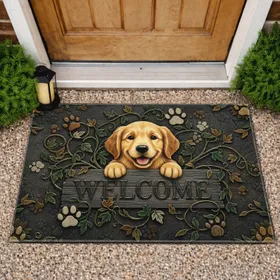 Carved Rustic Golden Retriever Puppy Welcome Sign - Home Decor Gift for Dog Lovers Doormat