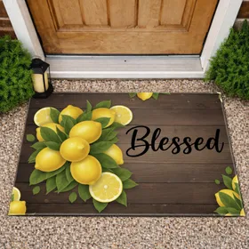 Blessed Script Yellow Lemons Green Leaves Rustic Wood Plank - Farmhouse Home Decor Gift Doormat