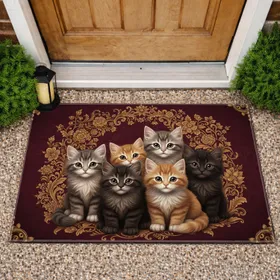 Five Fluffy Kittens Floral Damask Home Decor Gift for Cat Owners Doormat