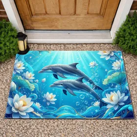 Vibrant Blue Water Swimming Dolphins Lotus Flowers - Ocean Wildlife Home Decor Gift Doormat