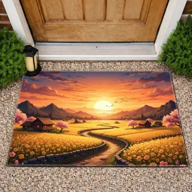 Asian Golden Fields Village Mountains Path Sunset - Home Decor Gift Doormat