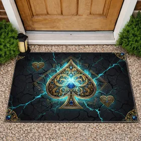 Ornate Golden Spade Heart Card Suit Filigree Cracked Stone Blue Glow Home Decor Gift Doormat