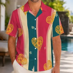 Golden Botanical Hearts With Vintage Resort Stripes For Tropical Vacation Wear Men Hawaiian Shirt