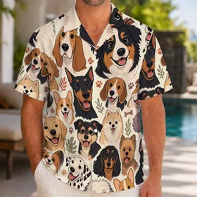 Cheerful Cartoon Dog Faces For Beach Vacations, Resort Parties And Dog Lovers Everywhere Hawaiian Shirt