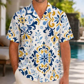 Mediterranean Tile Medallions For Breezy Beach Resort Wear And Summer Vacation Style Hawaiian Shirt