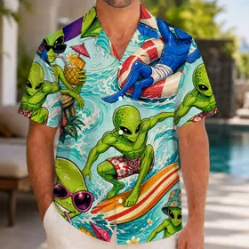 Retro Surfing Aliens With Tropical Drinks For Beach Vacations And Summer Party Wear Hawaiian Shirt