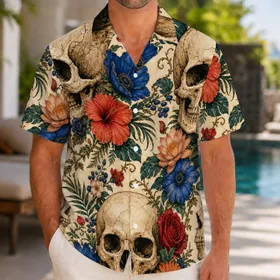 Vintage Floral Skull Botanical Aloha Beach Vacation Resort Outfit For Men And Women Hawaiian Shirt