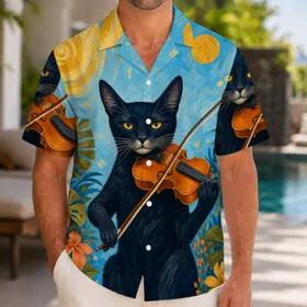 Black Tuxedo Cat Playing Violin Island Music Festival Vacation Gift For Cat Lovers Hawaiian Shirt