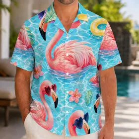 Pink Flamingos Heart Sunglasses Tropical Pool Party Beach Vacation Resort Style Outfit Hawaiian Shirt