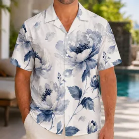 Indigo Rose And Peony Botanicals For Elegant Coastal Resort Getaways And Weekend Wear Hawaiian Shirt