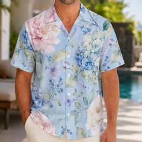 Watercolor Blue Hydrangea Peony Florals For Resort Garden Parties And Travel Wear Hawaiian Shirt