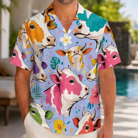 Colorful Tropical Cow Faces With Hibiscus For Beach Parties And Festival Fans Hawaiian Shirt